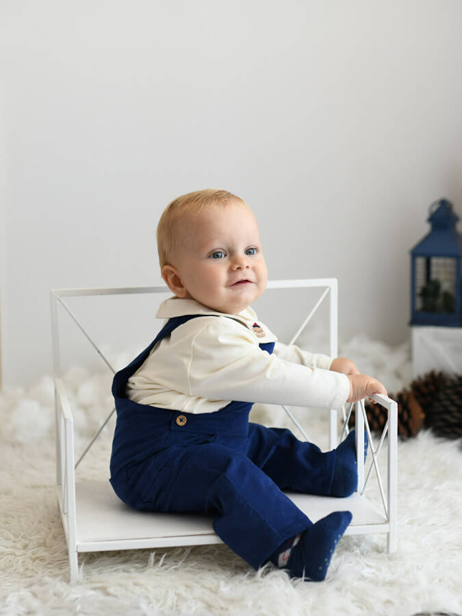 Polo Neck Long Sleeve Baby Boy T-Shirt and Dungarees 2 Piece Set - 14