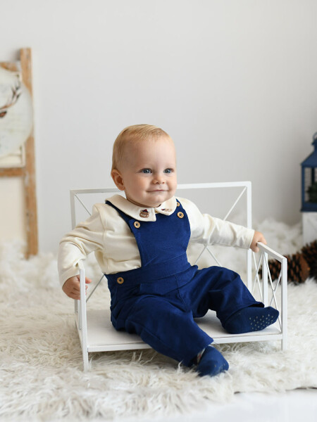 Polo Neck Long Sleeve Baby Boy T-Shirt and Dungarees 2 Piece Set - 1