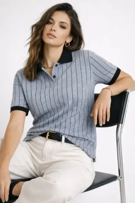 Polo Yaka Çizgili Tişört Kısa Kol Düğmeli Yazlık T-Shirt - Bebek Mavisi - 2