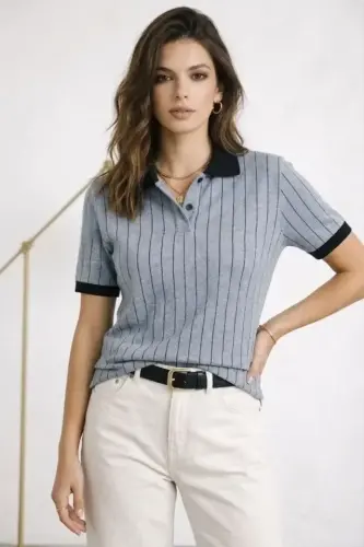 Polo Yaka Çizgili Tişört Kısa Kol Düğmeli Yazlık T-Shirt - Bebek Mavisi - 3