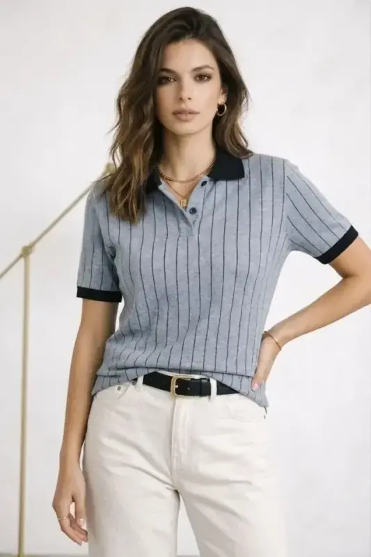 Polo Yaka Çizgili Tişört Kısa Kol Düğmeli Yazlık T-Shirt - Bebek Mavisi - 3