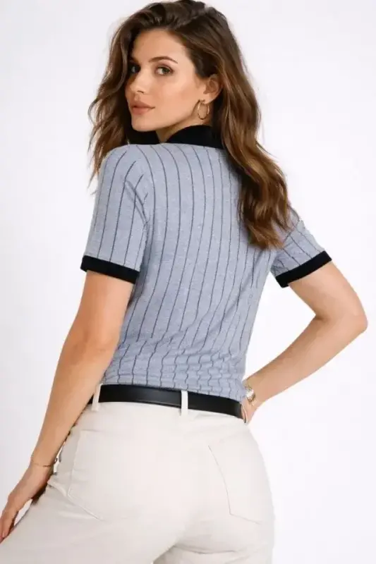 Polo Yaka Çizgili Tişört Kısa Kol Düğmeli Yazlık T-Shirt - Bebek Mavisi - 4