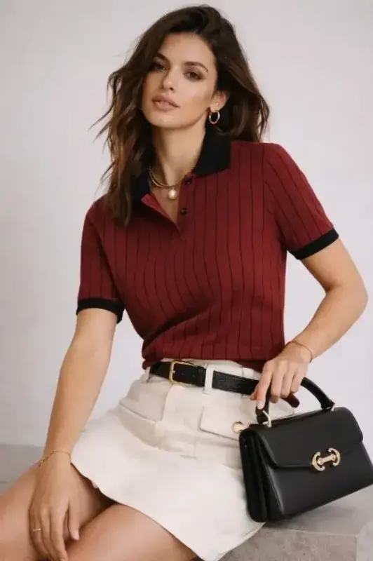 Polo Yaka Çizgili Tişört Kısa Kol Düğmeli Yazlık T-Shirt - Bordo - BÜYÜKBEDENIZ