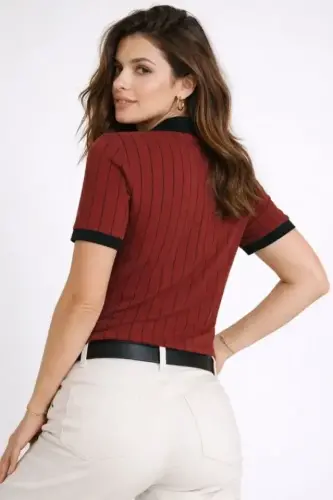 Polo Yaka Çizgili Tişört Kısa Kol Düğmeli Yazlık T-Shirt - Bordo - BÜYÜKBEDENIZ (1)