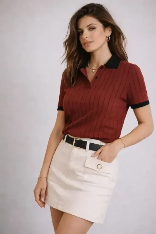 Polo Yaka Çizgili Tişört Kısa Kol Düğmeli Yazlık T-Shirt - Bordo - 3