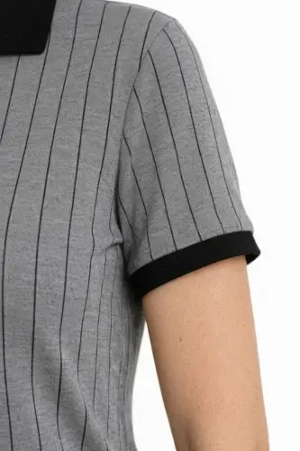 Polo Yaka Çizgili Tişört Kısa Kol Düğmeli Yazlık T-Shirt - Gri - BÜYÜKBEDENIZ (1)