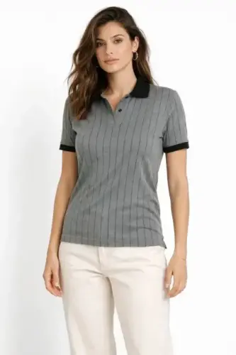 Polo Yaka Çizgili Tişört Kısa Kol Düğmeli Yazlık T-Shirt - Gri - BÜYÜKBEDENIZ (1)