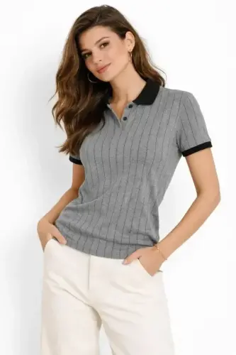 Polo Yaka Çizgili Tişört Kısa Kol Düğmeli Yazlık T-Shirt - Gri - 1