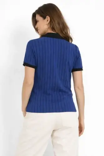 Polo Yaka Çizgili Tişört Kısa Kol Düğmeli Yazlık T-Shirt - Saks Mavisi - BÜYÜKBEDENIZ (1)