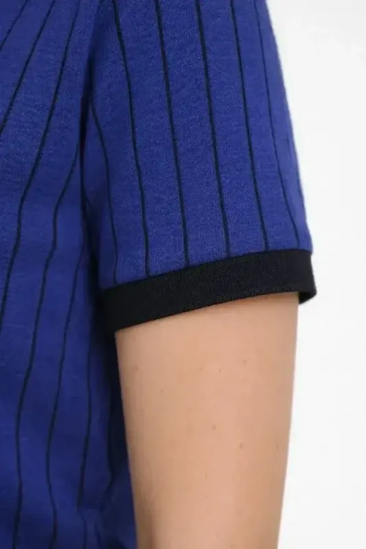 Polo Yaka Çizgili Tişört Kısa Kol Düğmeli Yazlık T-Shirt - Saks Mavisi - 3