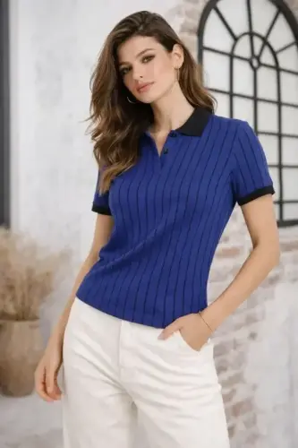 Polo Yaka Çizgili Tişört Kısa Kol Düğmeli Yazlık T-Shirt - Saks Mavisi - 4