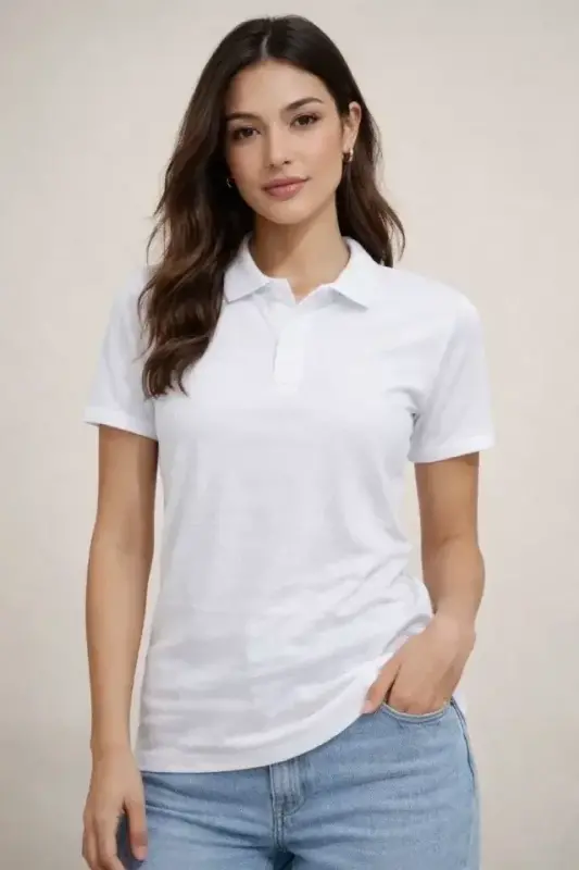 Polo Yaka Pike Kumaş Düğmeli Basic Tişört T-Shirt Günlük Rahat - Beyaz - 2