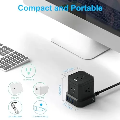 Полоса питания с USB, USB C (3.0A) Полоса питания, 5 FT Ультратонкий плоский штекерный разветвитель с 5 розетками, 1 USB-C & 3 USB-A, TOPREK Полоса питания Защита от перенапряжения Компактный для дома, офиса, общежития, путешествий - 5