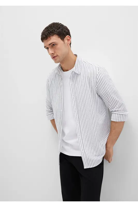 Полосатая Белая Рубашка Slim Fit / Узкий Крой 0211403-91334-Разноцветный - 3