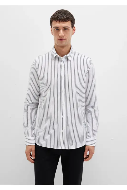 Полосатая Белая Рубашка Slim Fit / Узкий Крой 0211403-91334-Разноцветный - 4
