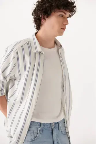 Полосатая рубашка с длинными рукавами, китайский синий - 4