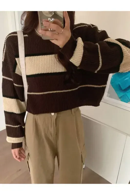 Полосатый Салоникский Вязаный Кроп Женский Свитер-кофе - 6