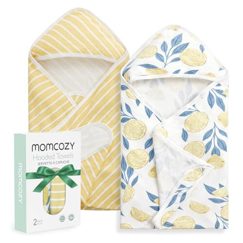 Полотенце с капюшоном для младенцев Momcozy, набор из 2 полотенец для младенцев, супер мягкое банное полотенце с оригинальным дизайном, подарки для душа для младенцев и малышей (28 x 28 дюймов, лимонные листья) - 6