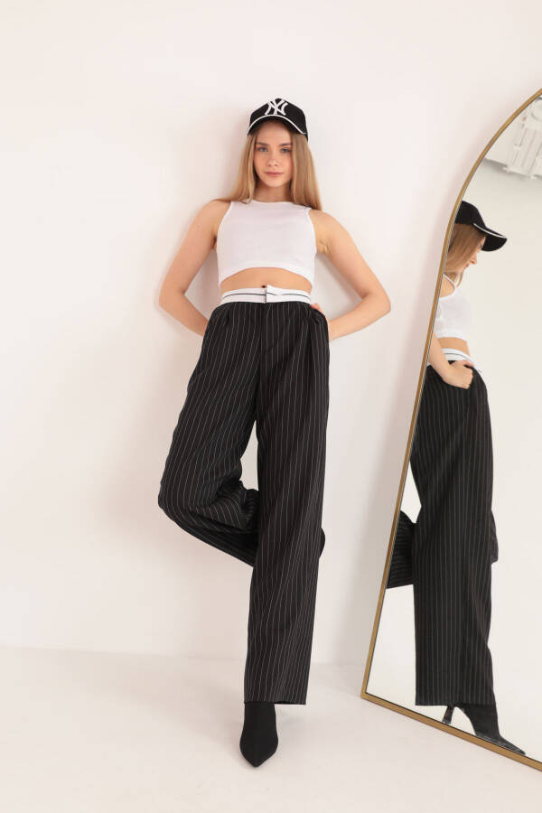 Polyester Blend High Waist Striped Palazzo Women's Pants - Black - 1