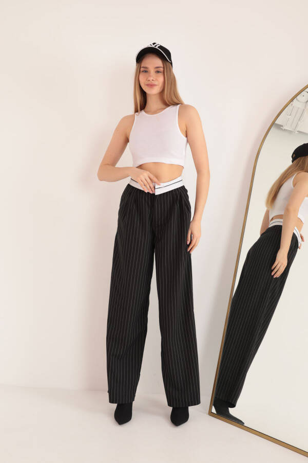 Polyester Blend High Waist Striped Palazzo Women's Pants - Black - 3