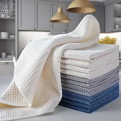 POLYTE Premium Microfiber Kitchen Dish Cloth Waffle Weave 12 Pack (12x12 in, Dark Blue, Gray, Off White) - 6