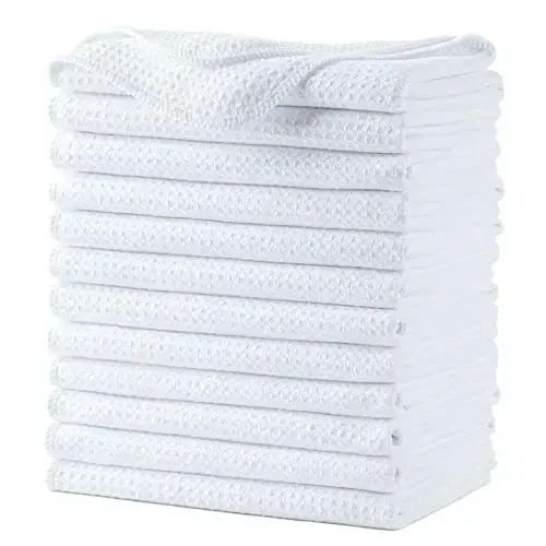 POLYTE Premium Microfiber Kitchen Dish Hand Towel Waffle Weave 12 Pack (16x28 in, White) - POLYTE