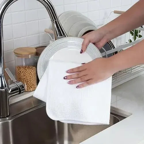 POLYTE Premium Microfiber Kitchen Dish Hand Towel Waffle Weave 12 Pack (16x28 in, White) - 3