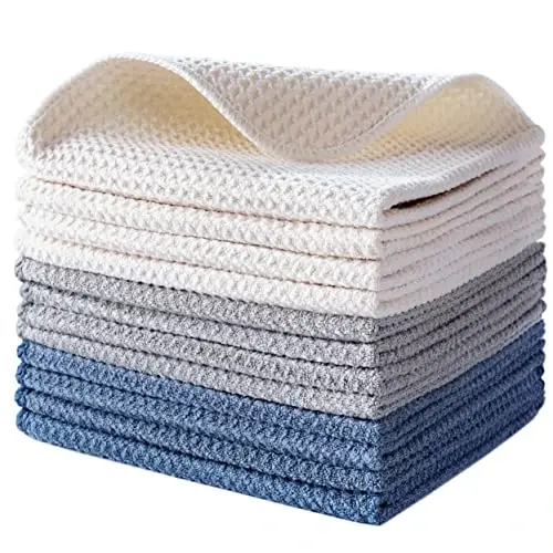 POLYTE Premium Microfiber Oshxona Sochig'i Vafli To'quv 12 Paket (12x12 dyuym, To'q ko'k, Kulrang, Oq) - POLYTE