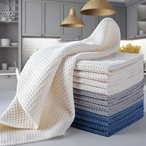 POLYTE Premium Microfiber Oshxona Sochig'i Vafli To'quv 12 Paket (12x12 dyuym, To'q ko'k, Kulrang, Oq) - 6