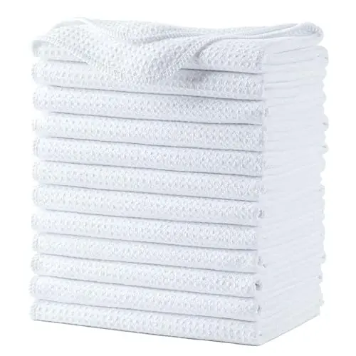 POLYTE Premium Microfiber Kitchen Dish Hand Towel Waffle Weave 12 Pack (16x28 in, White) - 1