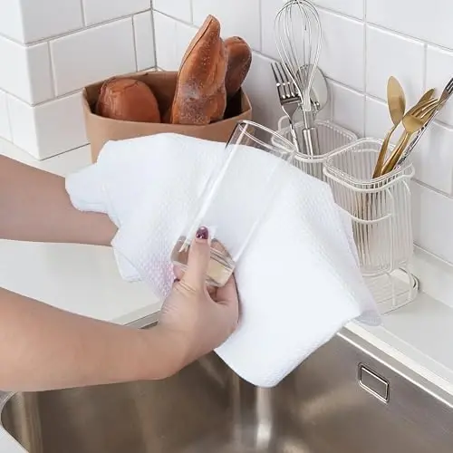POLYTE Premium Microfiber Kitchen Dish Hand Towel Waffle Weave 12 Pack (16x28 in, White) - 4
