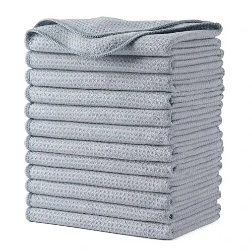 POLYTE Premium Microfiber Kitchen Dish Hand Towel Waffle Weave 12 Pack (16x28 in, Gray) - 1
