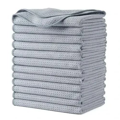 POLYTE Premium Microfiber Kitchen Dish Hand Towel Waffle Weave 12 Pack (16x28 in, Gray) - POLYTE