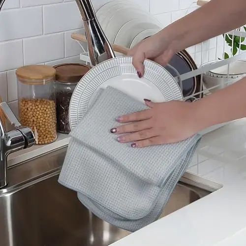 POLYTE Premium Mikrofiber Mutfak Bulaşık El Havlusu Waffle Örgü 12'li Paket (16x28 inç, Gri) - 3