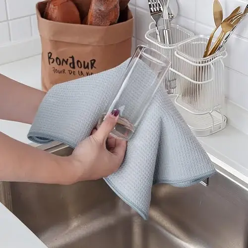 POLYTE Premium Mikrofiber Mutfak Bulaşık El Havlusu Waffle Örgü 12'li Paket (16x28 inç, Gri) - 4