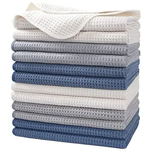 POLYTE Premium Microfiber Kitchen Dish Hand Towel Waffle Weave 12 Pack (16x28 in, Dark Blue, Gray, Off White) - 1