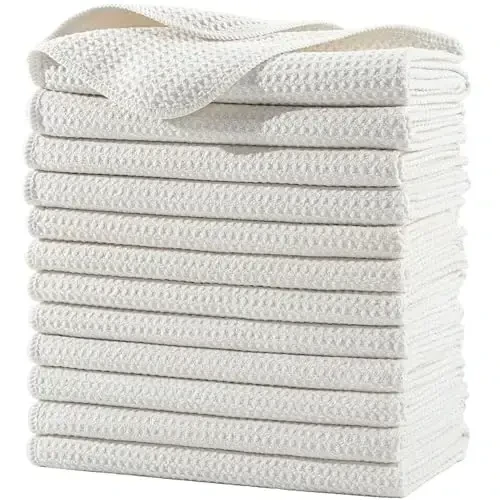 POLYTE Premium Microfiber Kitchen Dish Hand Towel Waffle Weave 12 Pack (16x28 in, Off White) 