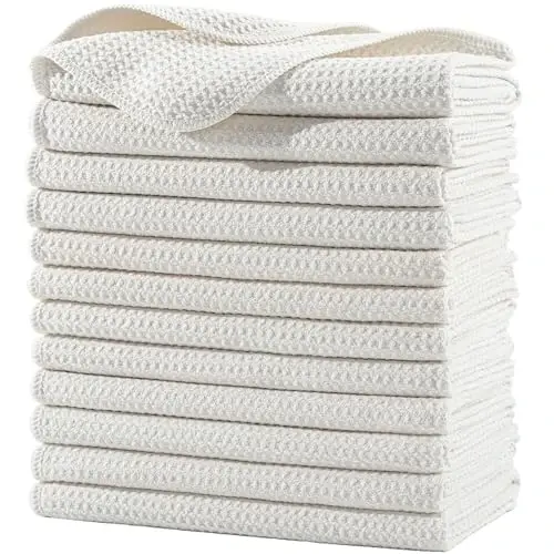 POLYTE Premium Microfiber Kitchen Dish Hand Towel Waffle Weave 12 Pack (16x28 in, Off White) - POLYTE