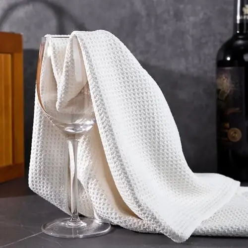 POLYTE Premium Microfiber Kitchen Dish Hand Towel Waffle Weave 12 Pack (16x28 in, Off White) - 5