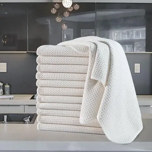 POLYTE Premium Microfiber Kitchen Dish Hand Towel Waffle Weave 12 Pack (16x28 in, Off White) - 6