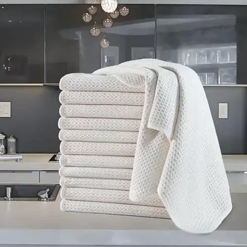 POLYTE Premium Microfiber Kitchen Dish Hand Towel Waffle Weave 12 Pack (16x28 in, Off White) - 6