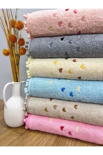 Pom-Pom Heart Embroidered 6-Piece 50x90 Hand and Face Towel Set - Assorted - 1