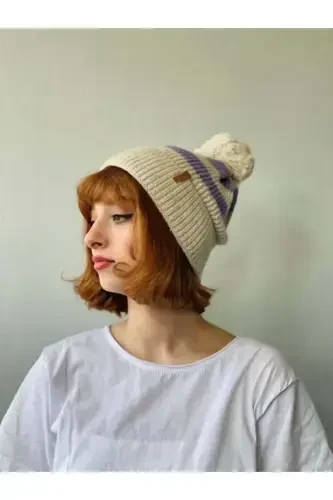 Pom Pom Unisex Striped Beanie-purple - 1