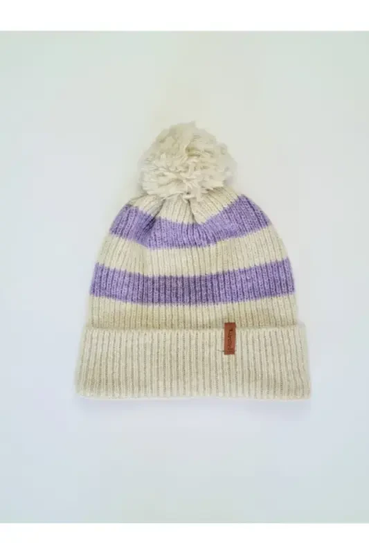 Pom Pom Unisex Striped Beanie-purple - 2