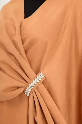 Пончо накидка с замшей цвета верблюжьей шерсти с напечатанными камнями - 3