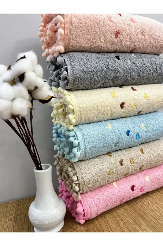 Ponponlu Kalp Nakışlı 6'lı 50x90 El Yüz Havlu Seti - Asorti - 4