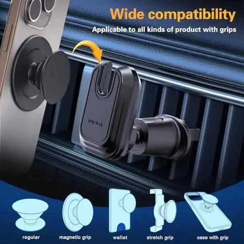 pop-tech Car Vent Phone Mount for Thick Socket Grip, Air Vent Clip Phone Holder Compatible with Magsafe Wallet Black & iPhone Samsung Card Holder, Cellphone Stand with Sticky Adhesive - 6