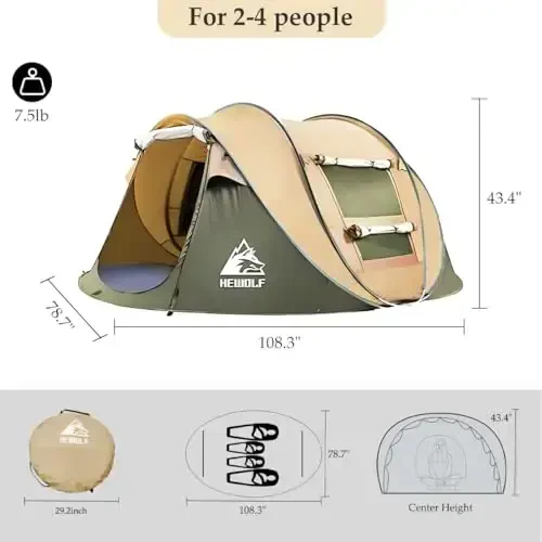Pop Up Camping Tent 2/4 Person, Instant Family Tents, Easy Setup Automatic Tent for Camping Hiking & Traveling - HEWOLF (1)