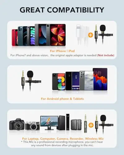 PoP Voice 2Pcs Professional Lavalier Lapel Mikrofon 3.5mm DJI Mic/Rode Wireless GO Transmitters bilan mos keladi Smartphone Camera, YouTube uchun Mini Mic, Intervyu, Video, Broadcasters - 4