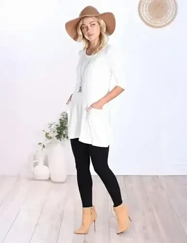 Popana ayollar 3/4 yengli tunika, cho'ntakli - AQShda tayyorlangan Leggings bilan kiyish uchun uzun ko'ylaklar - Ayollar uchun tunika pulover - 4